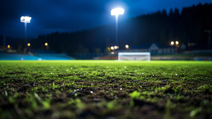 night soccer stadium with grass and sand, blurry silhouette and night lighting - obrazy, fototapety, plakaty