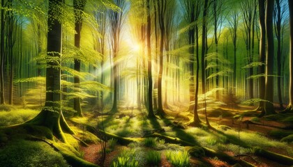 A Sunlit Forest Awakening with Greenery and Birdsong - obrazy, fototapety, plakaty