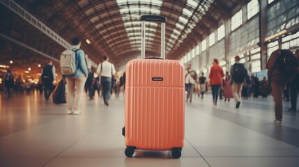 a peach-colored suitcase on a station or airport platform, with a blurry room and people in the background. concept travel, trip, things, suitcases, luggage