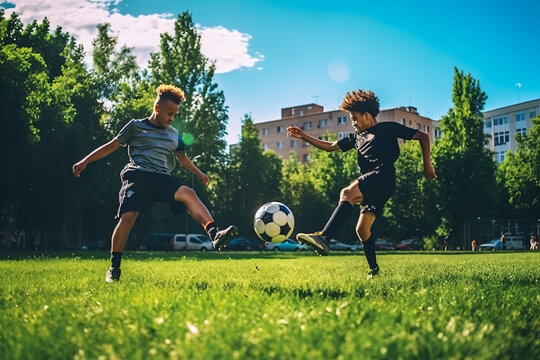 two young soccer players kicking the ball to the goal in a park