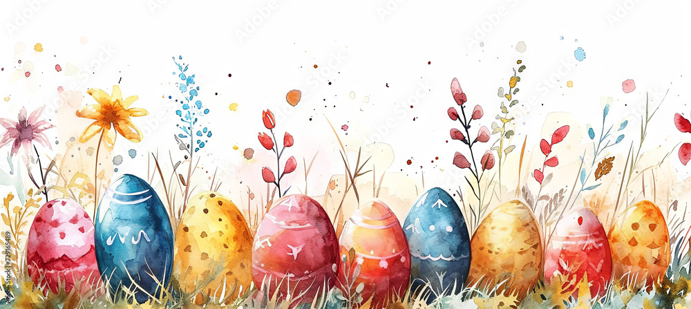 Wall mural banner of watercolour illustration of easter eggs