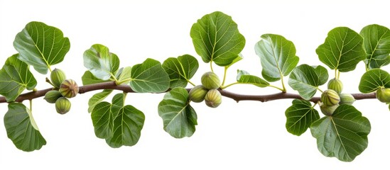 Isolated on a white background, an ornamental fig tree branch with green leaves and young figs fruits, complete with clipping path. - obrazy, fototapety, plakaty