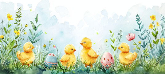 Obraz na płótnie Canvas banner of watercolour illustration of little chikens with easter eggs
