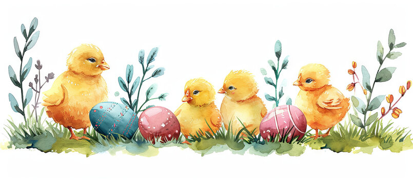 banner of watercolour illustration of little yellow chikens with easter eggs, holiday time 