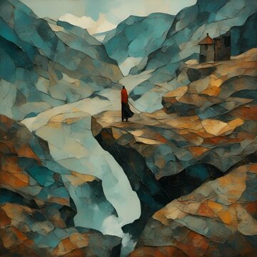 a painting of a woman standing on a rocky cliff and mountain side