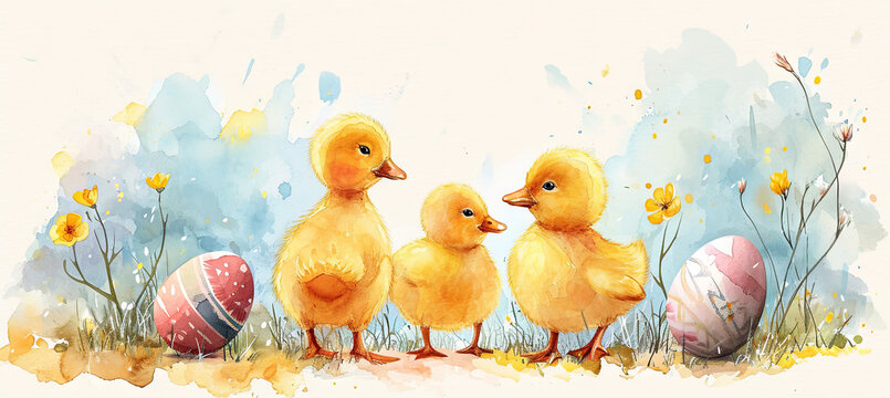 banner of watercolour illustration of cute little yellow ducks with easter eggs, holiday time