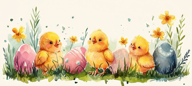 Watercolor illustration banner featuring small chicks alongside Easter eggs.