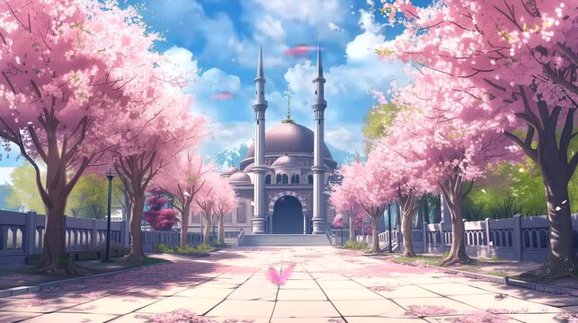 The ethereal beauty of a mosque adorned with cascading cherry blossoms. Fantasy landscape anime or cartoon style, Seamless looping 4k time-lapse virtual video animation background