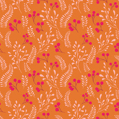 Simple autumn orange seamless pattern with abstract creative branches berries and shapes tiny drops, dots, spots. Vector hand drawn sketch. Template for design, printing, patterned, textiles, fabric