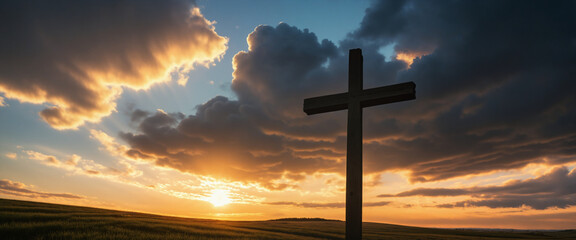 Wooden cross with sunset clouds