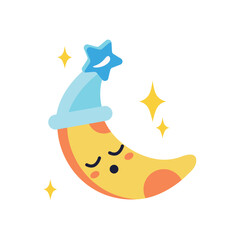 Sticker of colorful set. Highlighting of the whimsical world of cartoons dreams with a cute moon design set on a clean white canvas. Vector illustration.