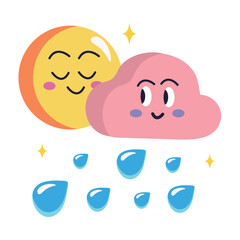 Weather sticker of colorful set. This rainy cloud and sun can make a wonderful addition to children's decor or be used in books and games for kids. Vector illustration.