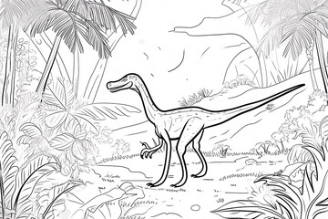 Coelophysis Dinosaur Black White Linear Doodles Line Art Coloring Page, Kids Coloring Book