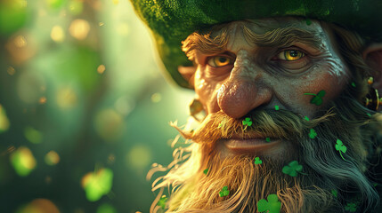 A leprechaun with clovers in the green outfit. Happy Saint Patrick's Day
