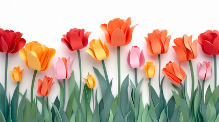 Floral spring illustration with colorful origami paper crafted tulips on white backdrop. Paper art, diy