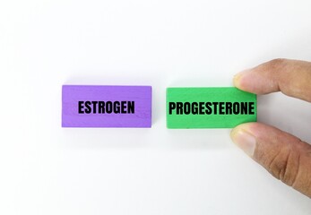 colored circles with the words estrogen and progesterone. concept of female hormones and menopause