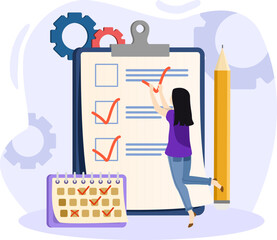 Planning illustration. Happy woman standing near check list and holding pen. Concept of successful completion of tasks. Daily planning and time management. Vector illustration in flat cartoon style.