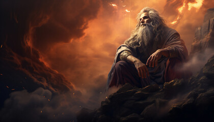 Recreation of a old man with white hair as God creator of the universe	