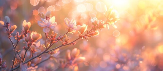 Abstract spring background with beautiful floral branches in soft focus, capturing gentle light and bokeh at sunset.