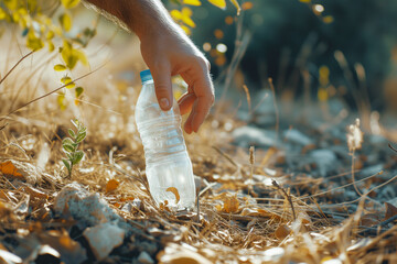 Photo of male collecting old plastic bottles - obrazy, fototapety, plakaty