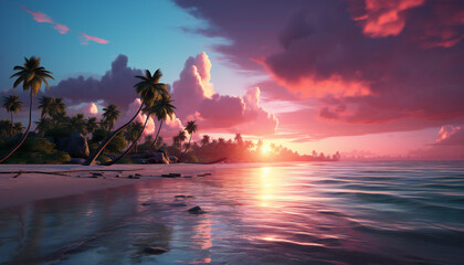 Recreation of a magical sunrise in a beach of a tropical island - obrazy, fototapety, plakaty