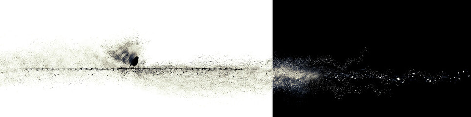 Alone bird. Abstract art nature. Dispersion, splatter effect. 