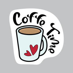 Food sticker of colorful set. A cup of coffee in this charming breakfast-themed cartoon design is showing against a crisp pastel background. Vector illustration.