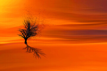 Fototapeta premium Alone tree. Abstract art nature. Dispersion, splatter effect. Orange nature background. 