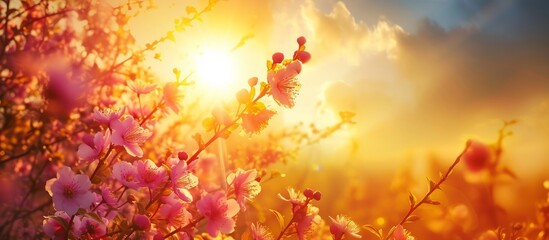 The beautiful blooming flowers, amazing nature, open sky, and bright sun create a stunning scene.