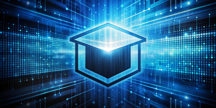 Blue Icon of Education Background with Binary Code and Futuristic Technology Design