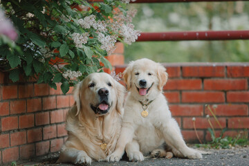 A funny golden retriever puppy sits in the spring against the background of lilac bushes. Active recreation, playing with dogs. A family dog. Shelters and pet stores