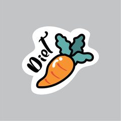 Food sticker of colorful set. This creative illustration seamlessly merges design and breakfast aesthetics, featuring a carrot in a cartoon design. Vector illustration.