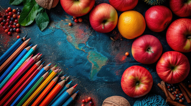 a lively background featuring a globe, apples, and an assortment of colorful school supplies. Picture these elements arranged
