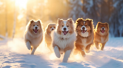 A group of cheerful dogs runs