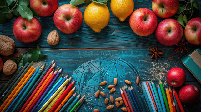 a lively background featuring a globe, apples, and an assortment of colorful school supplies. Picture these elements arranged