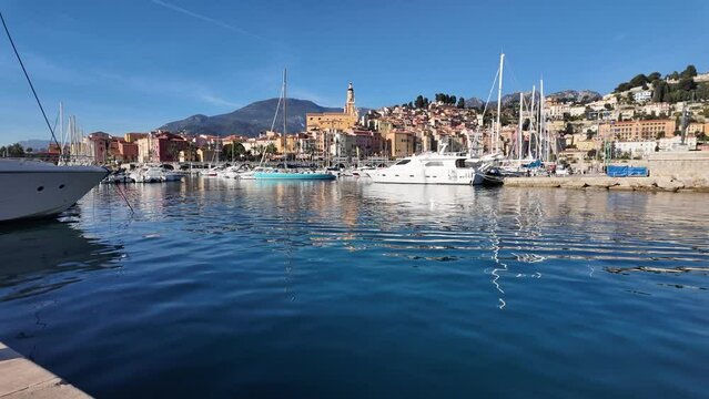 Panorama of Coastline street of town of Menton, Provence Alpes-Cote d'Azur, France