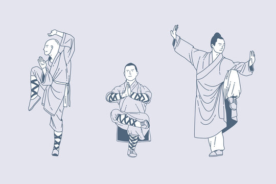 Set of outline illustrations of shaolin kung fu