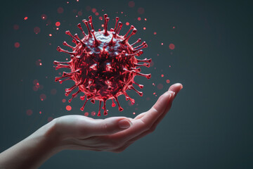 Hand holding red virus model for illustration in health concept - obrazy, fototapety, plakaty