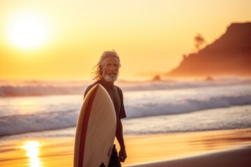 Fototapeta na wymiar Portrait of senior man with surfboard on the beach at sunset. Sport concept. Vacation and Travel Concept with Copy Space.