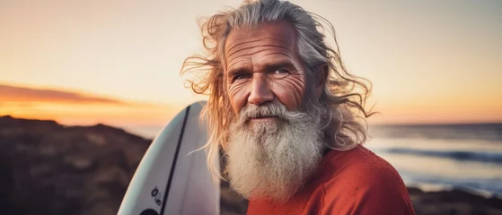  Portrait of senior man with surfboard on the beach at sunset. Sport concept. Vacation and Travel Concept with Copy Space. © John Martin