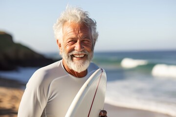 Portrait of smiling senior man holding surfboard at beach on a sunny day. Sport concept. Vacation...