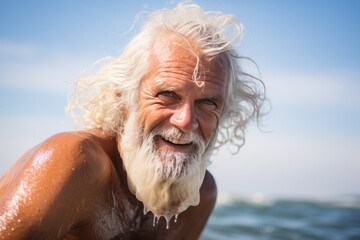 Portrait of happy senior man with long white hair having fun on beach. Sport concept. Vacation and...
