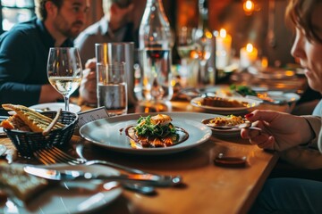 Diverse colleagues dinner meeting lunch in office restaurant businessmen group cafeteria cafe discussion business fine dining corporate teamwork expensive tasty dish food coworkers cheering talking