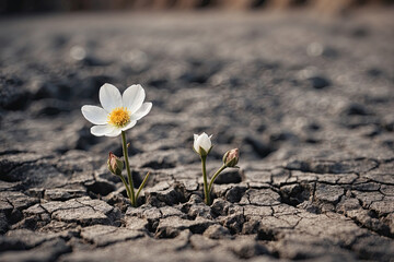 A lonely flower grew from the dried soil, lack of water in nature.