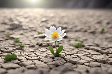 One flower on dry ground with cracks. Global warming. dry season. environmental threat, climate crisis, nature protection concept. Save the Earth.	
