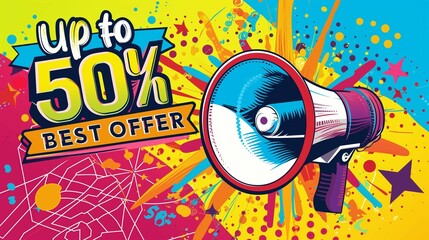 A fashionable colorful advertising banner that attracts attention, in the style of a retro poster with a megaphone and the inscription the best offer up to 50% - obrazy, fototapety, plakaty