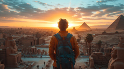 Back view of a solo traveler admiring the sunrise behind the iconic Egyptian Pyramids. - obrazy, fototapety, plakaty