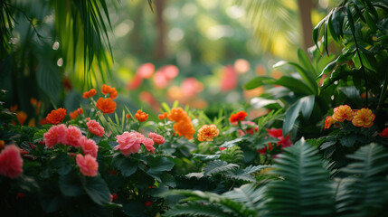 Fototapeta na wymiar Lush tropical garden full of vibrant orange and pink flowers basking in the soft morning light.