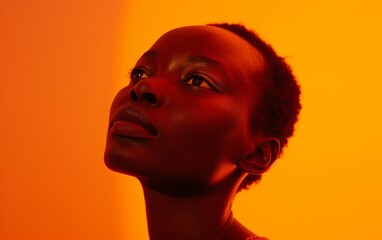 Woman Looking Up With Orange Background