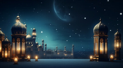 Arabic style border and lanterns - obrazy, fototapety, plakaty